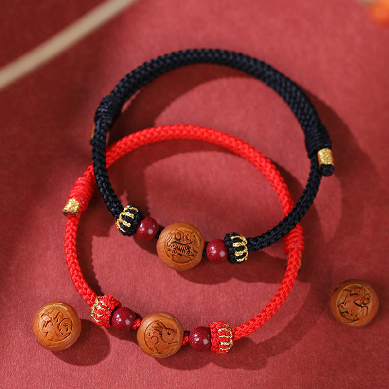 Natürliches Pfirsichholz Chinesisches Sternzeichen Fu Zinnober Reichtum Armband