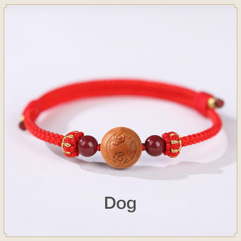Natürliches Pfirsichholz Chinesisches Sternzeichen Fu Zinnober Reichtum Armband