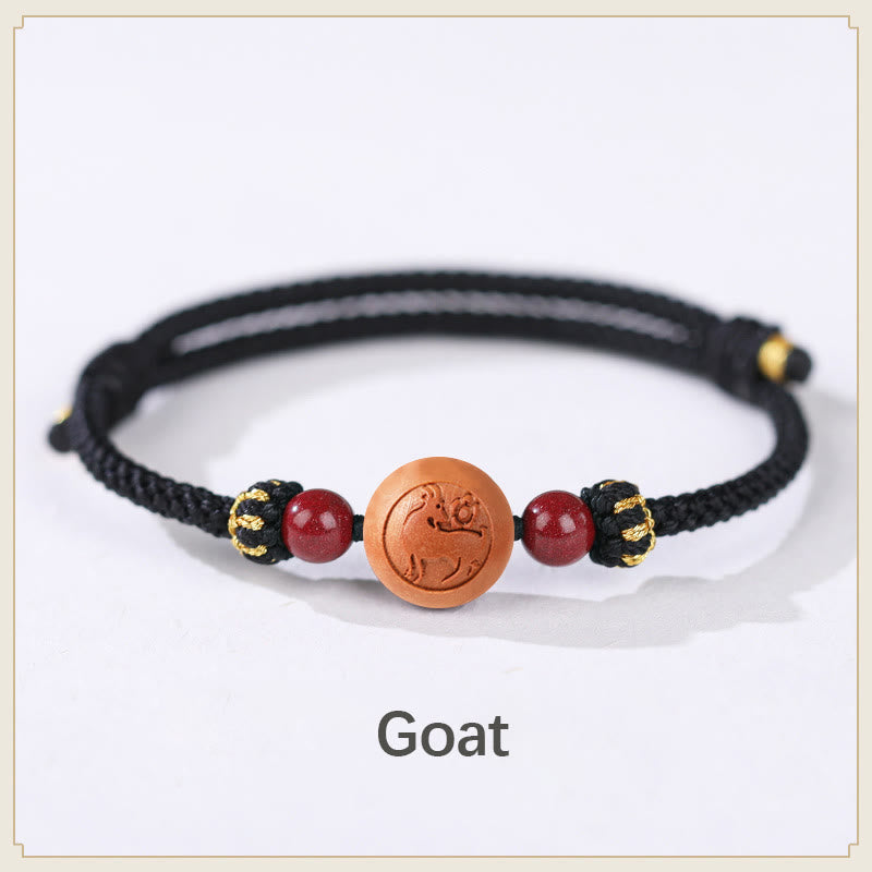 Natürliches Pfirsichholz Chinesisches Sternzeichen Fu Zinnober Reichtum Armband