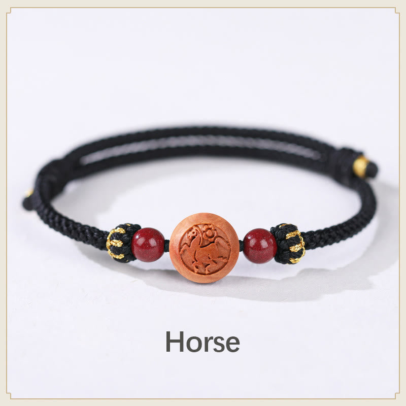 Natürliches Pfirsichholz Chinesisches Sternzeichen Fu Zinnober Reichtum Armband