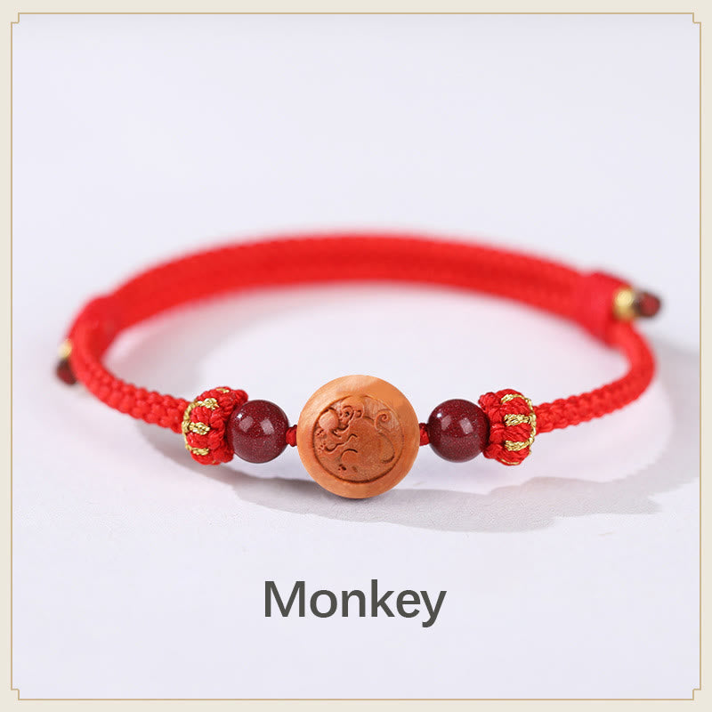 Natürliches Pfirsichholz Chinesisches Sternzeichen Fu Zinnober Reichtum Armband