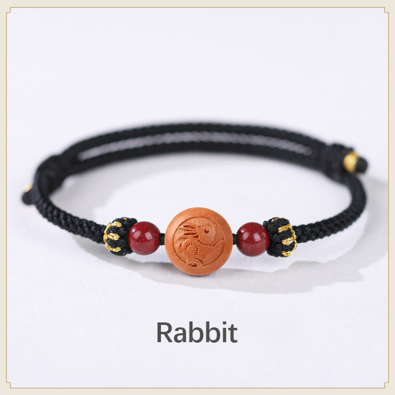 Natürliches Pfirsichholz Chinesisches Sternzeichen Fu Zinnober Reichtum Armband