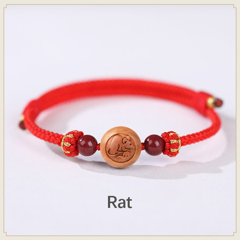 Natürliches Pfirsichholz Chinesisches Sternzeichen Fu Zinnober Reichtum Armband