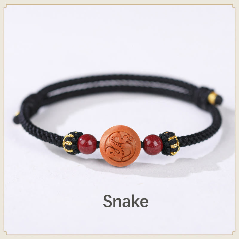 Natürliches Pfirsichholz Chinesisches Sternzeichen Fu Zinnober Reichtum Armband