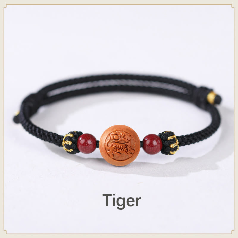 Natürliches Pfirsichholz Chinesisches Sternzeichen Fu Zinnober Reichtum Armband