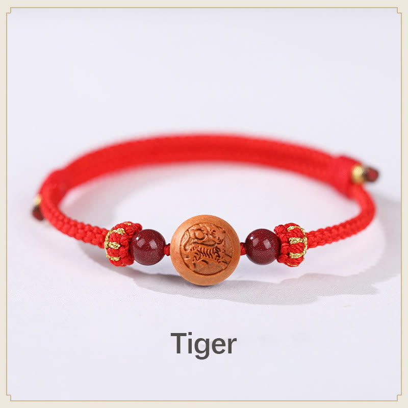 Natürliches Pfirsichholz Chinesisches Sternzeichen Fu Zinnober Reichtum Armband