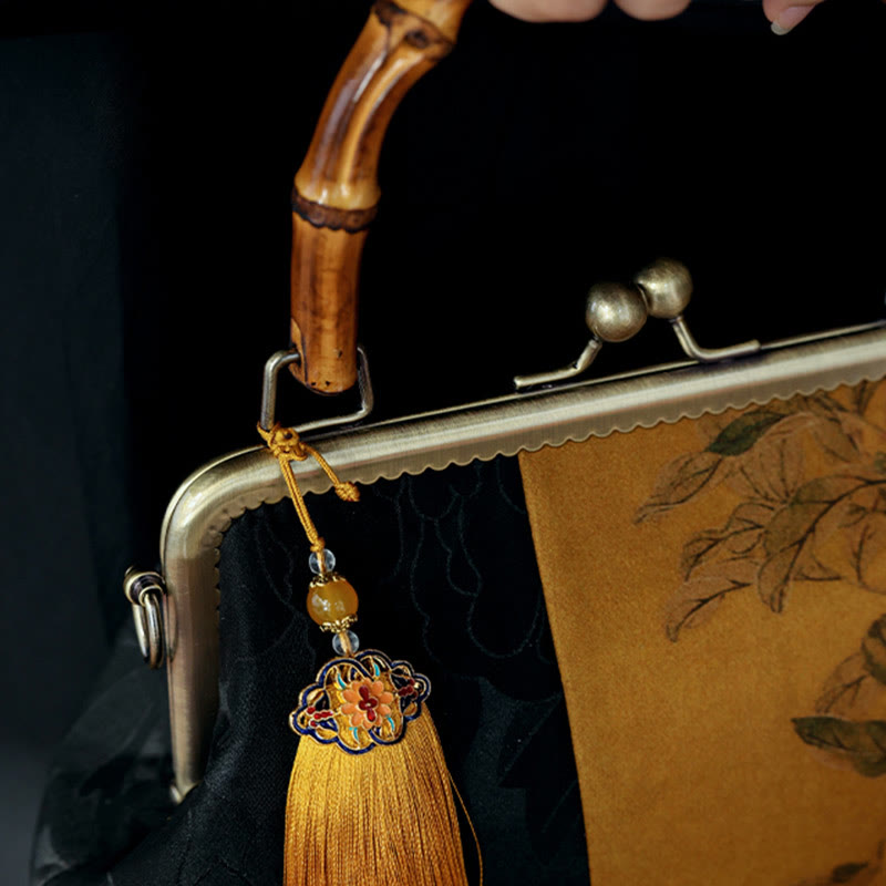 Von der Natur inspirierte Bambus-Grifftasche mit Blätter- und Vogeldesign