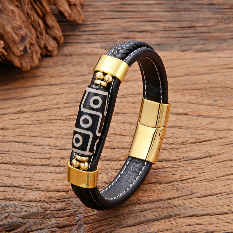Neun-Augen-Dzi-Perlen-Achat-Armband mit verstellbarer Lederschnalle