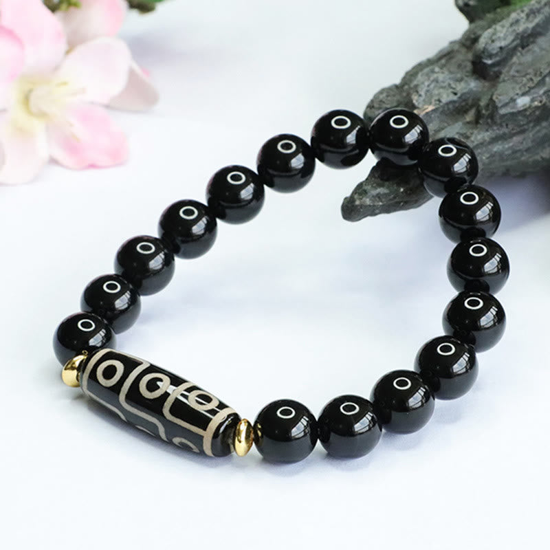 Neun-Augen-Dzi-Perlen-Armband aus schwarzem Onyx und Obsidian zum Schutz