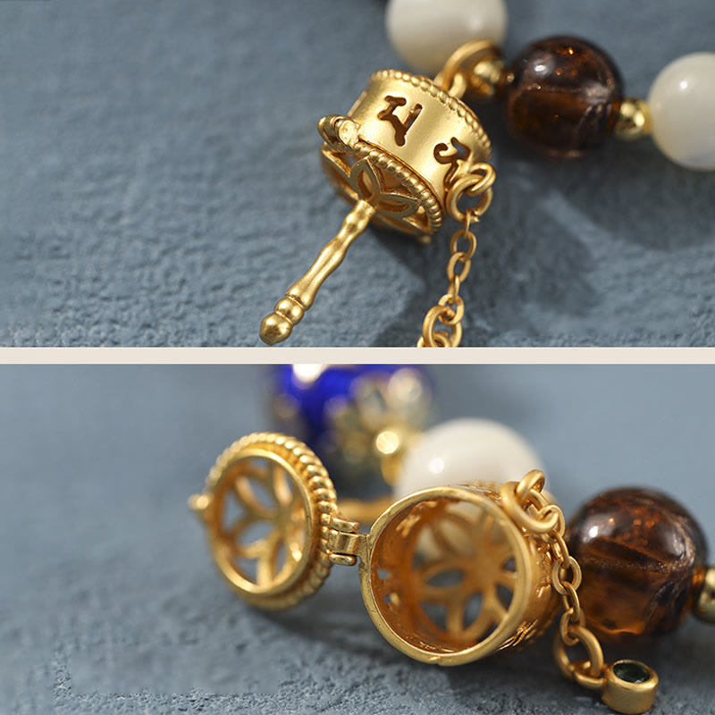 Om Mani Padme Hum Om Armband mit Tridacna & Sonnensteinen 14–16 cm