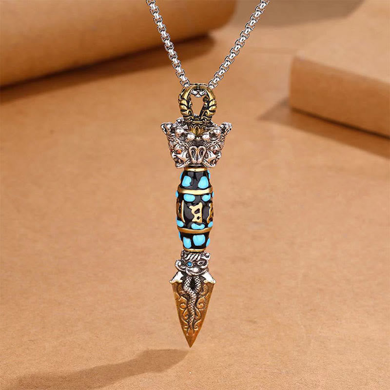 Om Mani Padme Hum Dzi-Perlen-Halskette mit drehbarem Anhänger