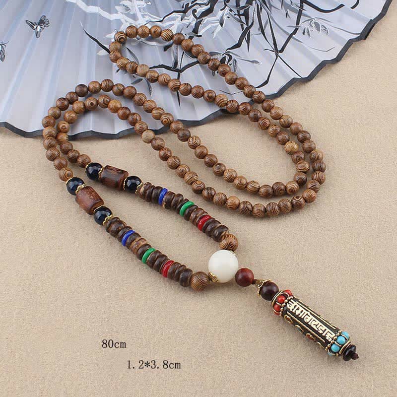 Om Mani Padme Hum Halskette | Wenge Holz Dzi Perlen Anhänger