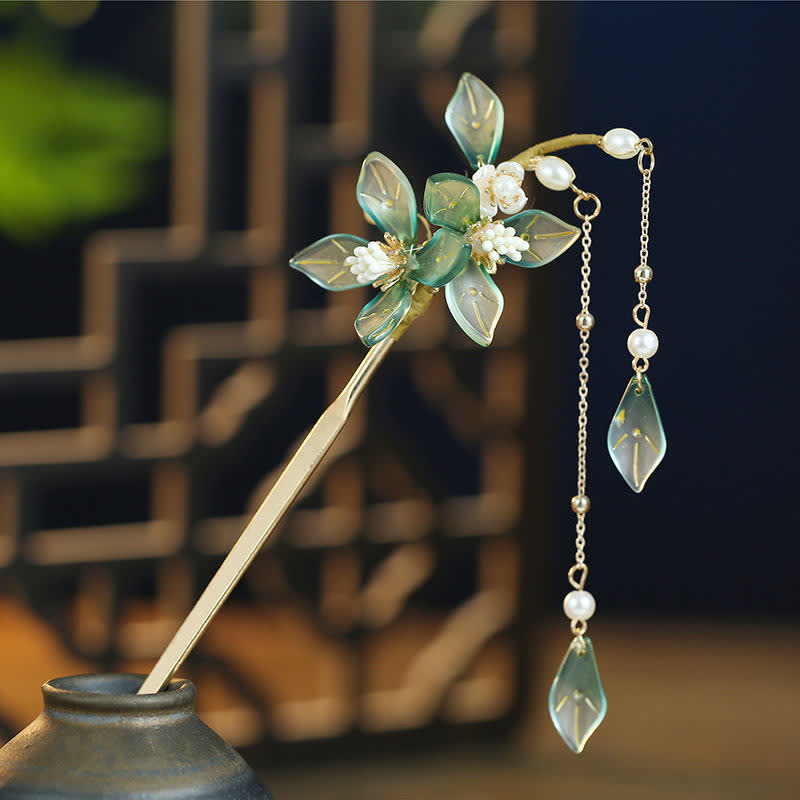 Haarnadel mit Perlen-Blumen-Blatt-Quaste für Ruhe und Reichtum