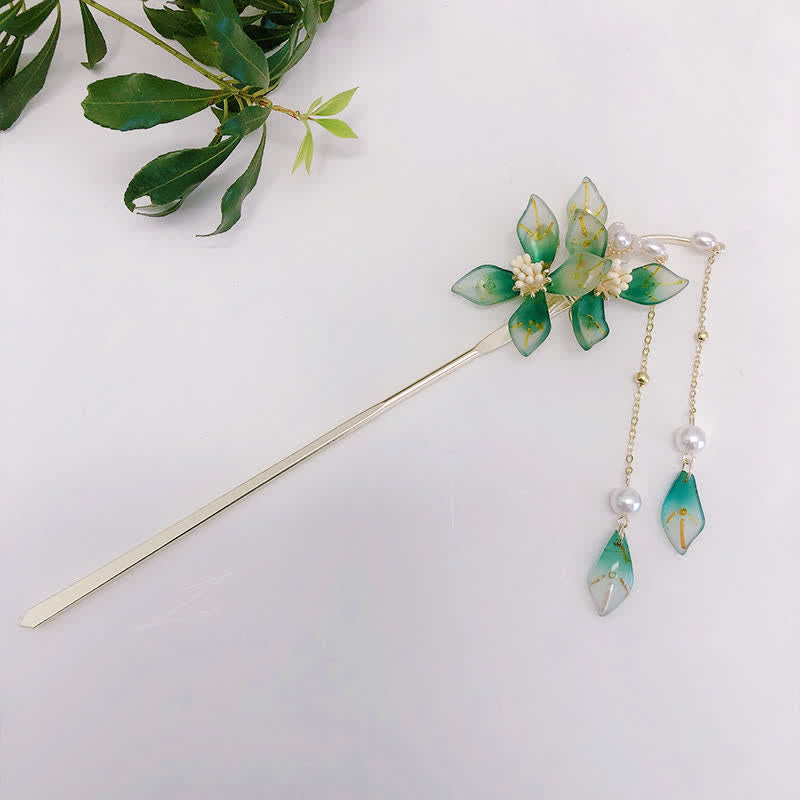 Haarnadel mit Perlen-Blumen-Blatt-Quaste für Ruhe und Reichtum