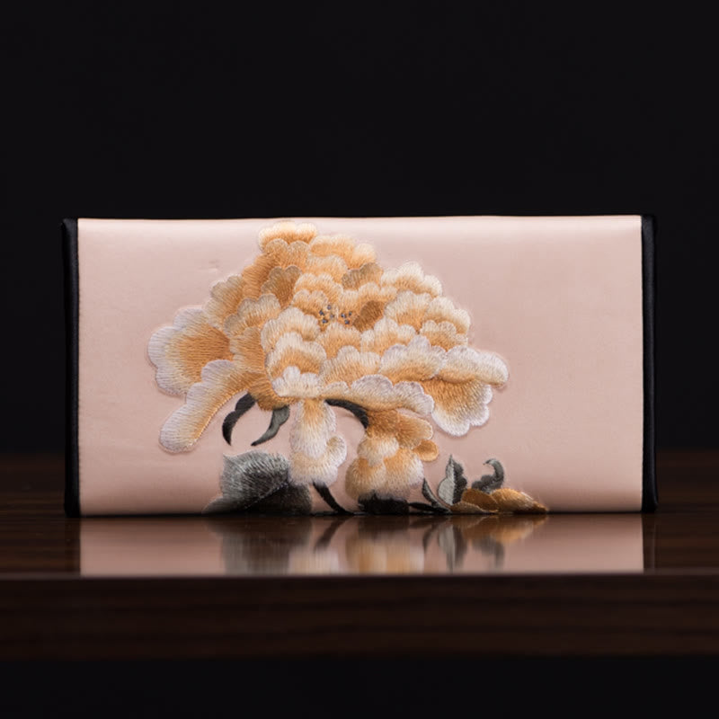 Lange Handtasche mit Pfingstrosenblumen-Stickerei, 20 x 10 cm