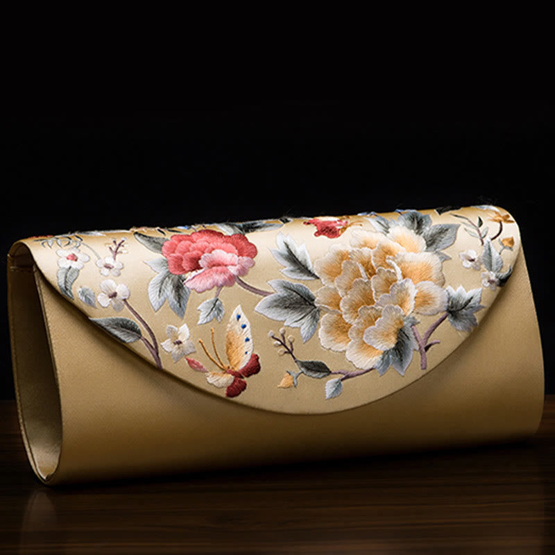 Umhängetasche mit Pfingstrosen-Tulpen-Stickerei für Hochzeiten, 24 cm