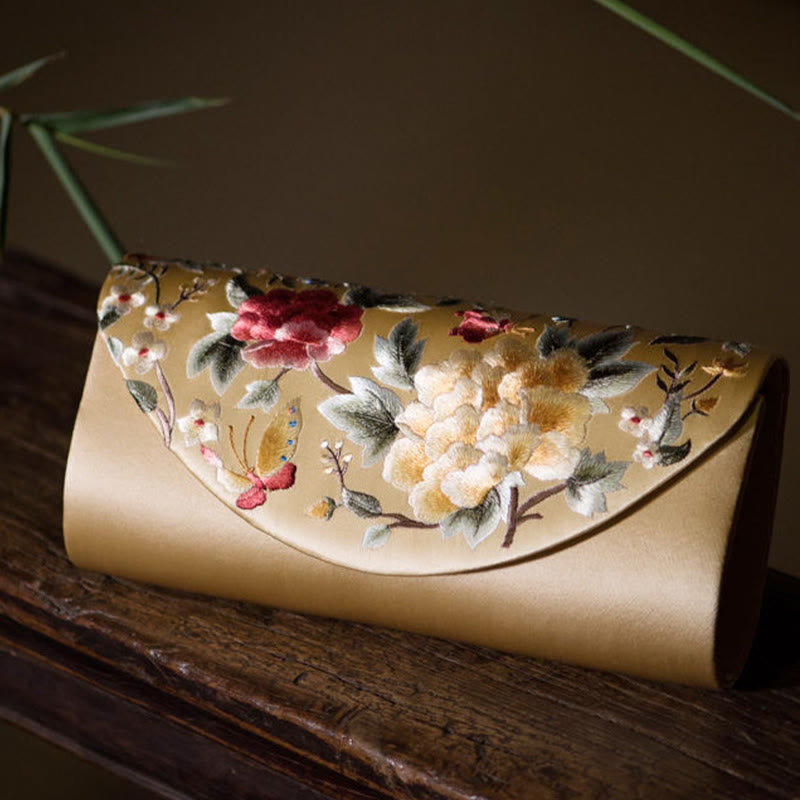 Umhängetasche mit Pfingstrosen-Tulpen-Stickerei für Hochzeiten, 24 cm