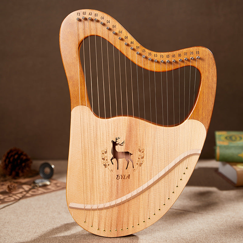 Wooden Reindeer Lyre Harp with carved deer design on soundboard, 21/27-String instrument