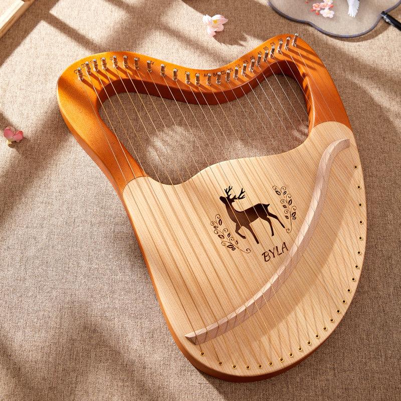 Wooden lyre harp with orange trim and deer design on soundboard, Professional Reindeer Lyre