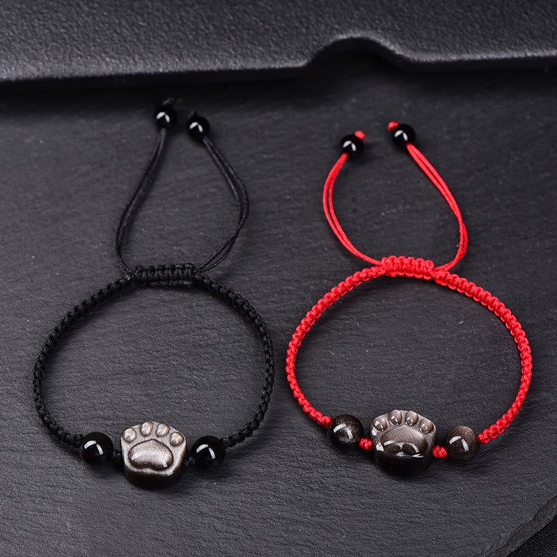 Schutz-Obsidian-Armband | Silber- und Goldglanz-Katzenpfotenseil