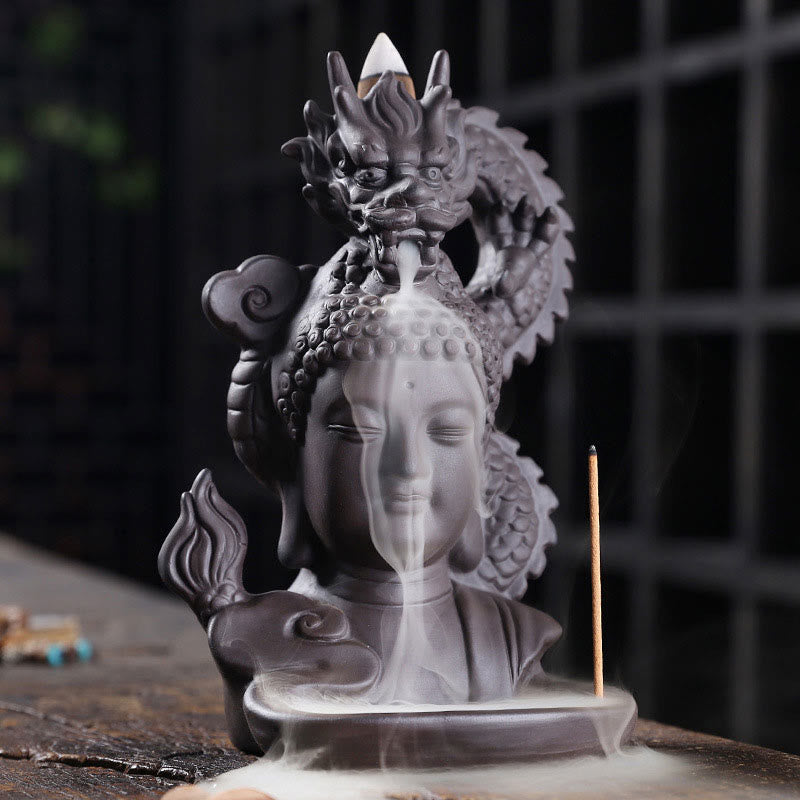Räuchergefäß Buddha Drache aus lila Ton, 10,5 cm, Meditation