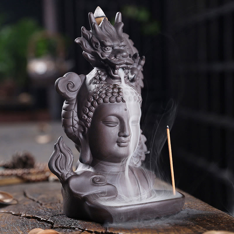 Räuchergefäß Buddha Drache aus lila Ton, 10,5 cm, Meditation