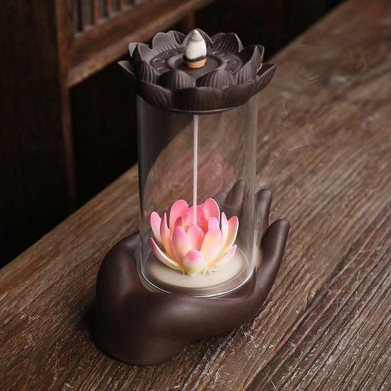 Lila Ton Buddha Hand Lotus Erleuchtung LED Licht Weihrauch Brenner