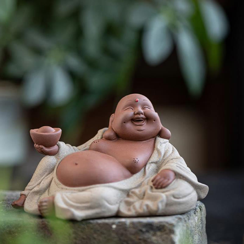 Lachende Buddha-Statue aus violettem Ton, 13,5 cm, für Reichtum und Freude