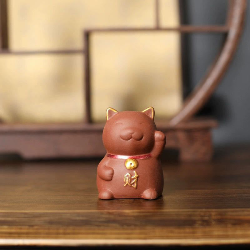 Lila Ton Mini Glückskatze Reichtum Figur für Wohlstand