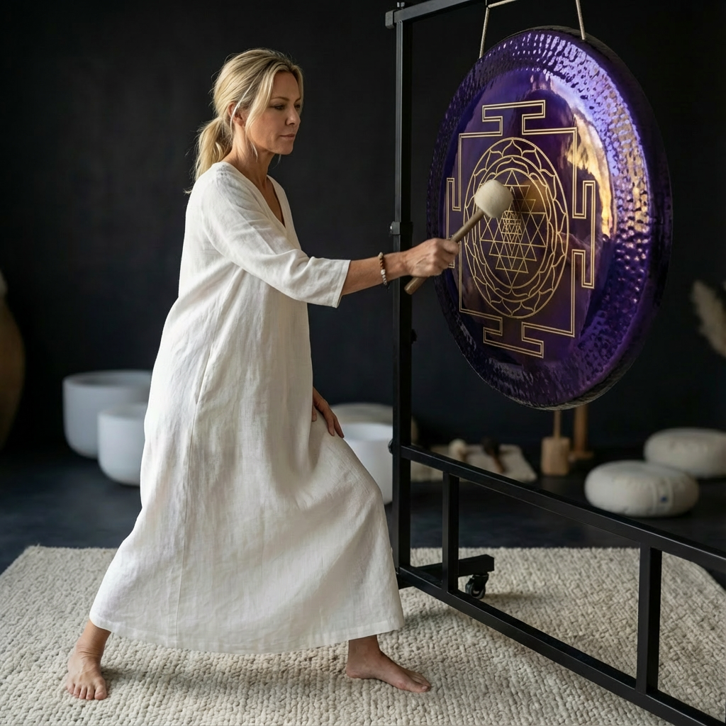 Lila Gong mit heiliger Geometrie für Klangbad