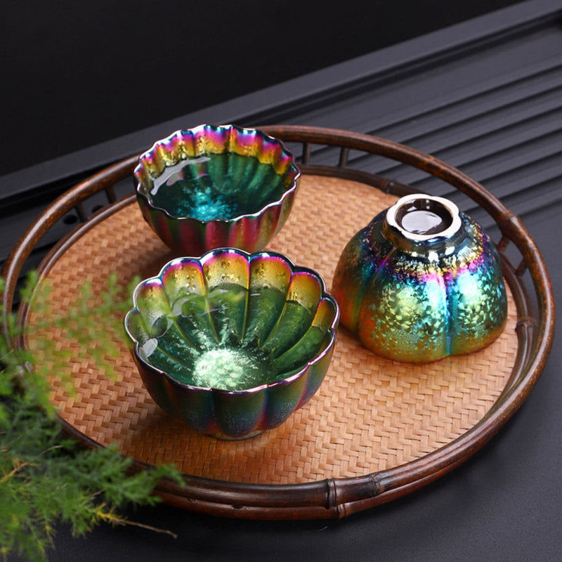 Regenbogenfarbene Jianzhan-Teetasse aus Keramik mit Zen-Dekor