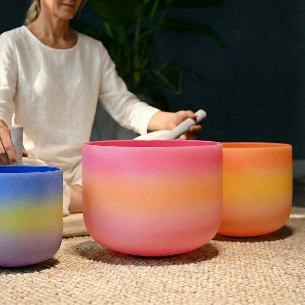 Regenbogen-Klangschalen-Set aus mattiertem Quarzkristall – 7-teilig, 6–14