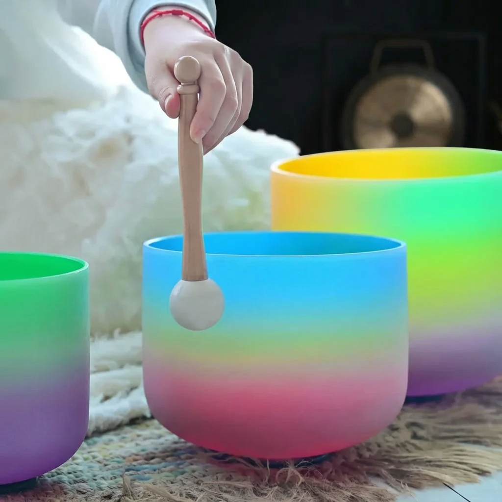 Regenbogen-Klangschalen-Set aus mattiertem Quarzkristall – 7-teilig, 6–14