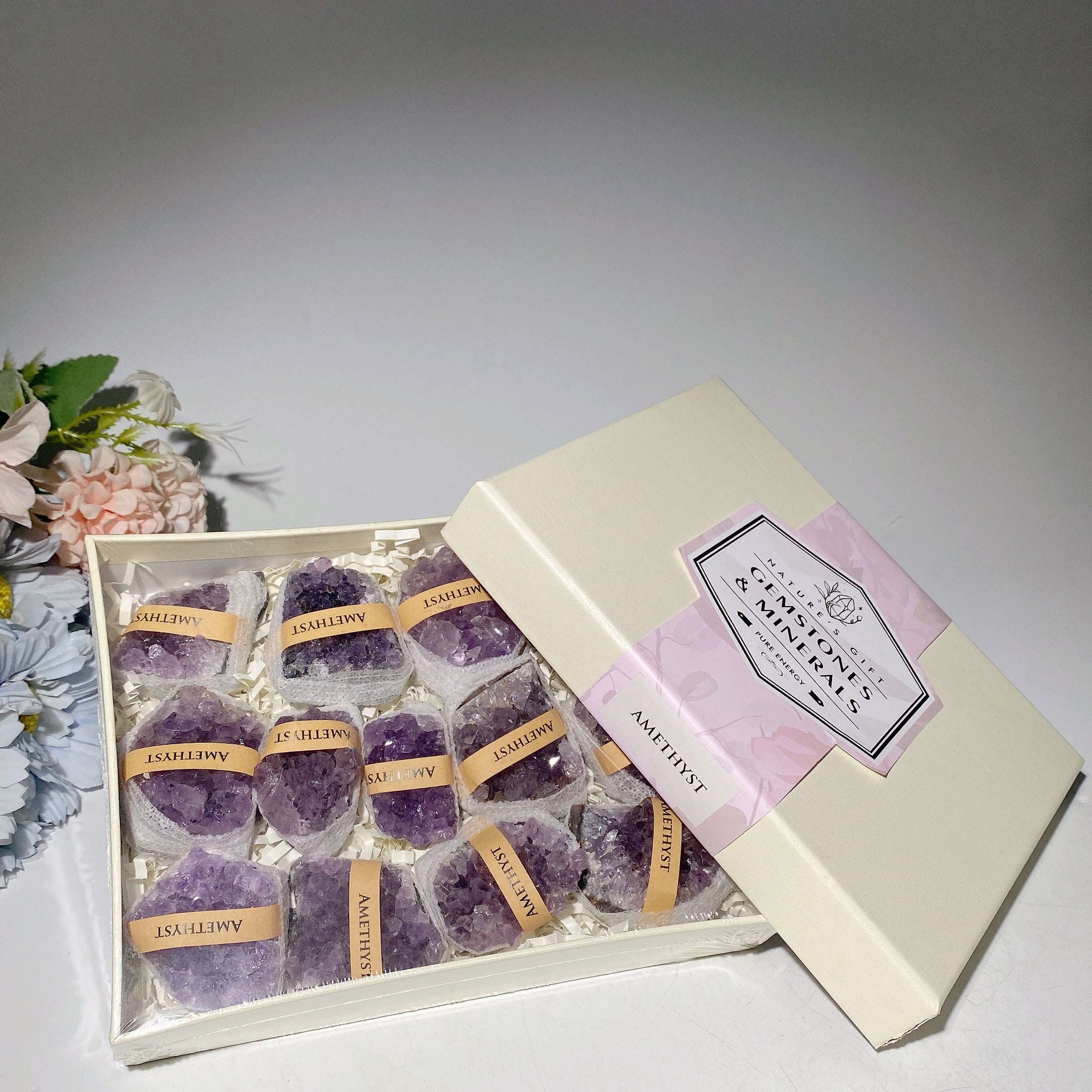 Rohkristall-Boxset mit Amethyst, Pyrit und Fluorit – Heilstein-Kollektion