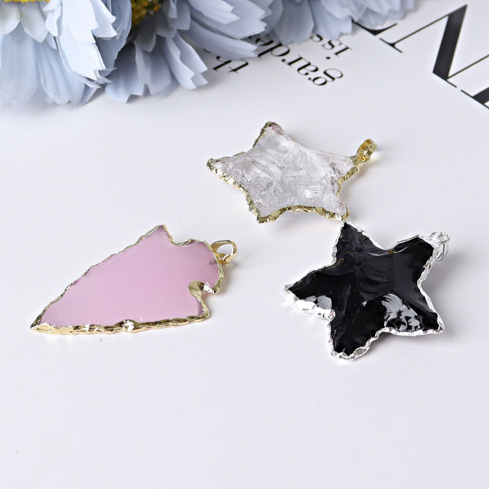 Raw Rose Quartz, Black Obsidian & Clear Quartz Star Pendants 1 inch
