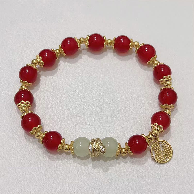 Armband aus rotem Achat und Jade mit Fu-Charakter für das Jahr der ruhigen Energie der Schlange