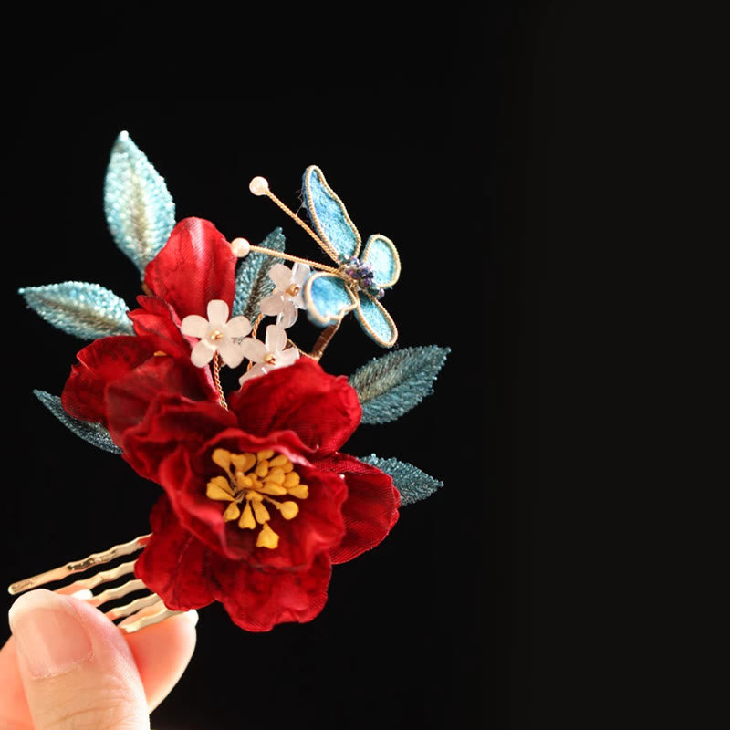 Chinesische Haarnadel mit rotem Kamelien-Schmetterling für Transformation und Hoffnung