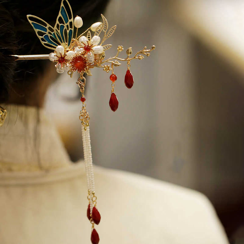 Rote Blume Schmetterling Perle Quaste Haarspange Kamm Krone, spiritueller Schmuck