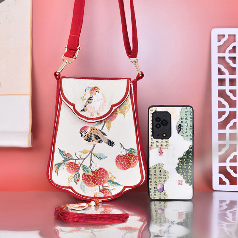 Red Magpie Lychee Stickerei Umhängetasche mit Quasten-Akzenten