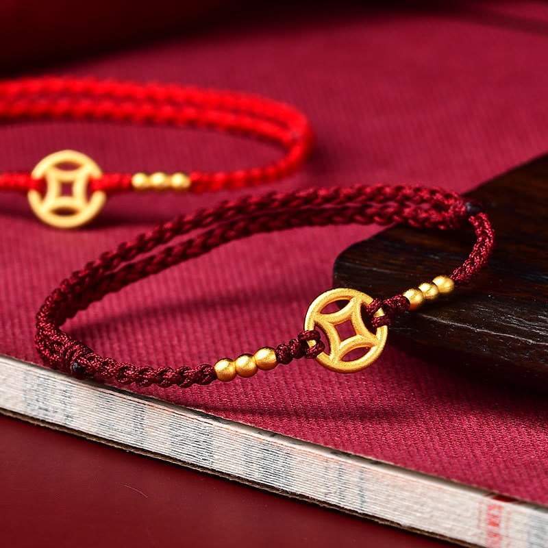 Rotes Schnurarmband für Stärke und Schutz | Geflochtene Kupfermünze