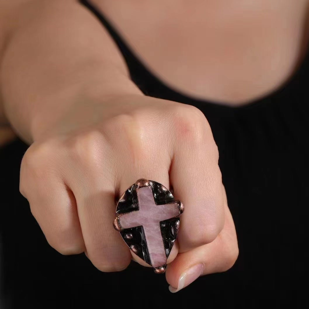 Rosenquarz-Kreuz-Kristall-Heilring, 2 cm, Energie