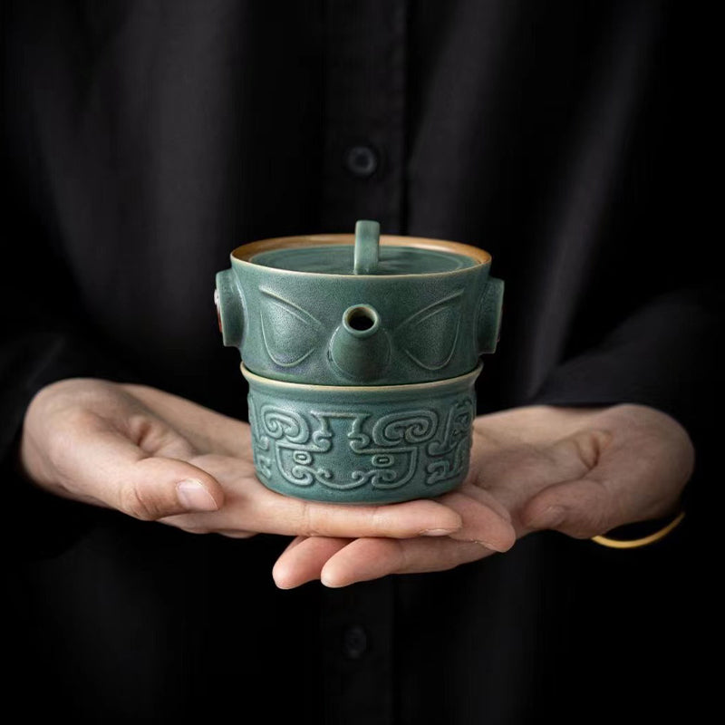 Sanxingdui Chinesisches Teetassen-Set aus Keramik | Kung-Fu-Tee-Geschenk