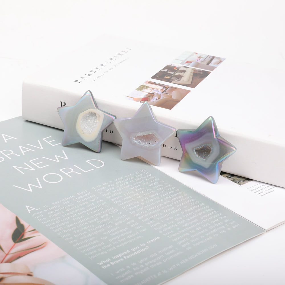 Set mit 3 Druzy-Achat-Kristallsternen, 2 Zoll