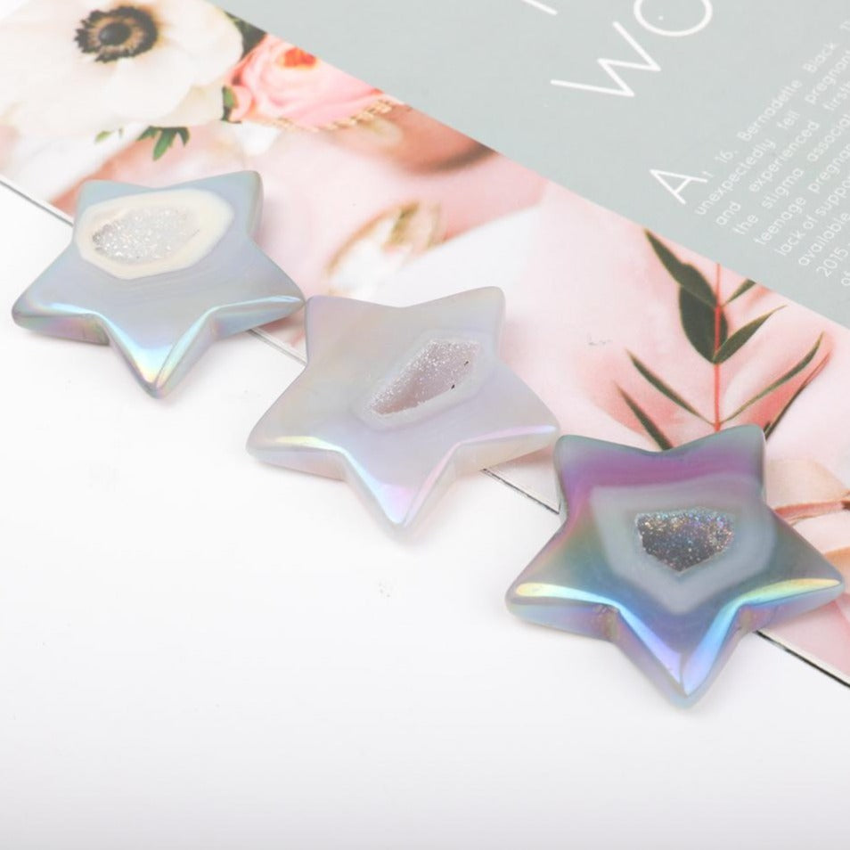 Set mit 3 Druzy-Achat-Kristallsternen, 2 Zoll