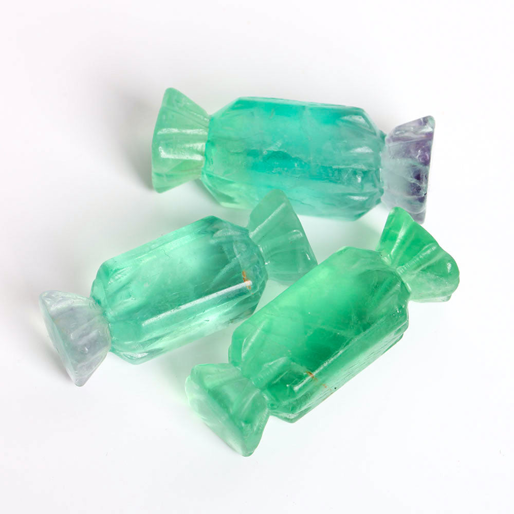 Set mit 3 Fluorit-Kristalldekorationen in Bonbonform