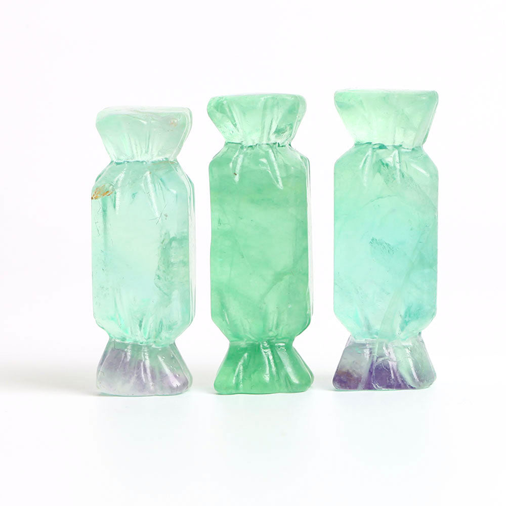 Set mit 3 Fluorit-Kristalldekorationen in Bonbonform