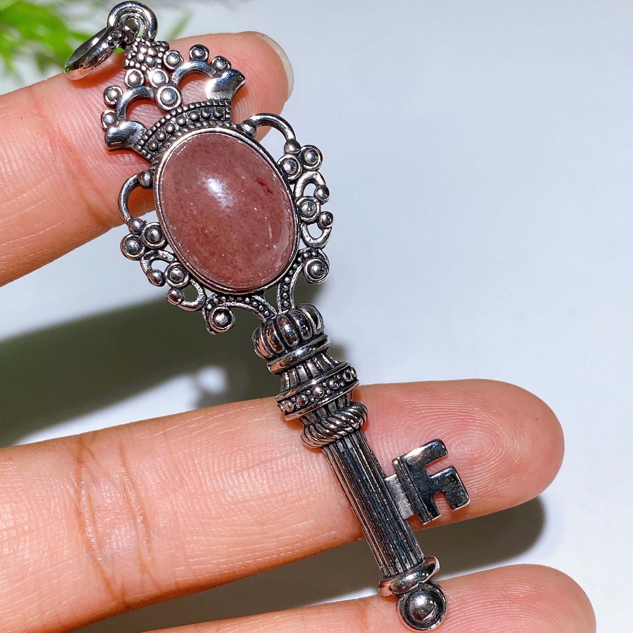 Silver Crystal Key Pendant with Healing Gemstones 65mm