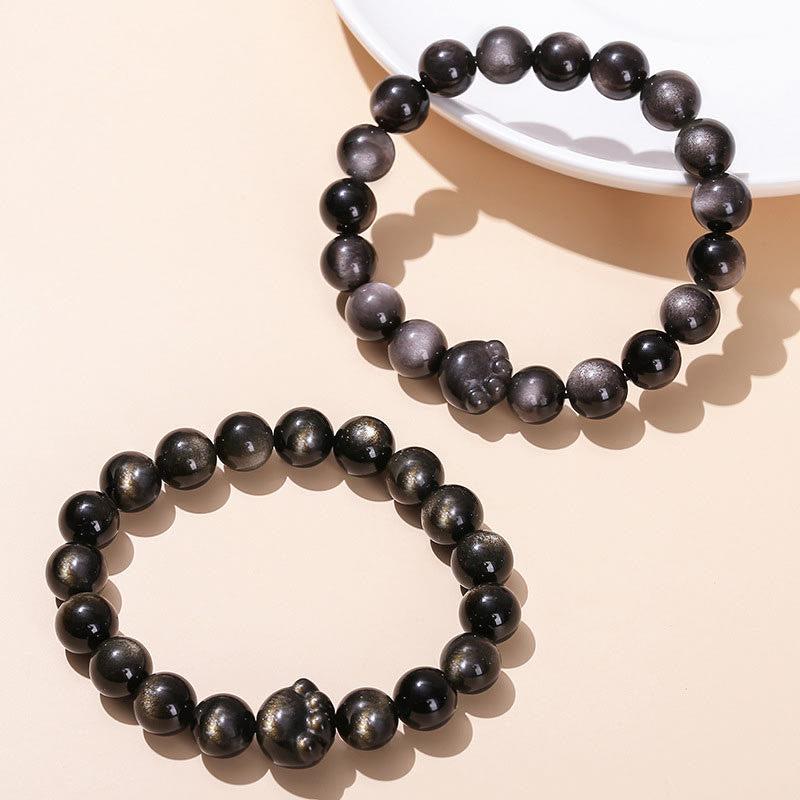 Silbernes, glänzendes Obsidian-Kommunikationsarmband, 8 mm