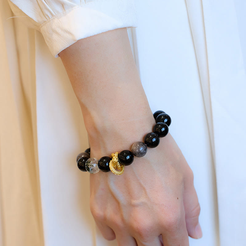 Silbernes Obsidian-Drachen-Schutzarmband 12 mm