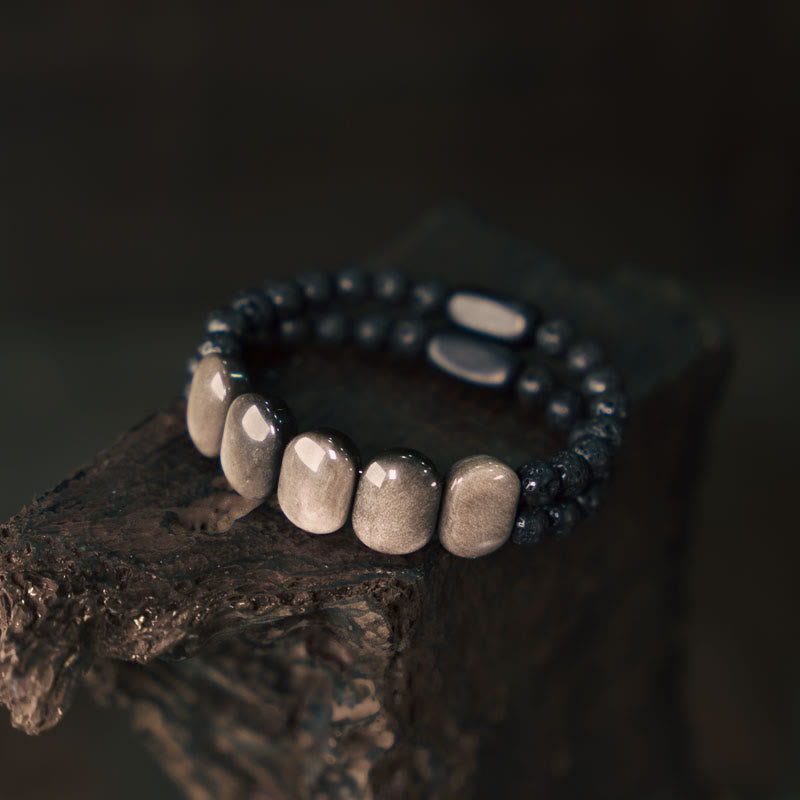 Silbernes Glanz-Obsidian-Lavastein-Kommunikationsarmband, 16 cm